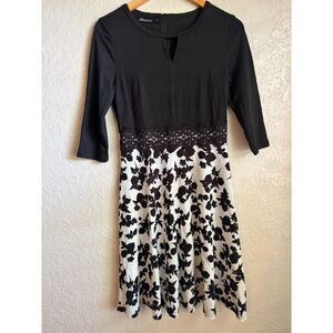 Vintage Owin Floral Lace A-Line Swing Dress Black White Small